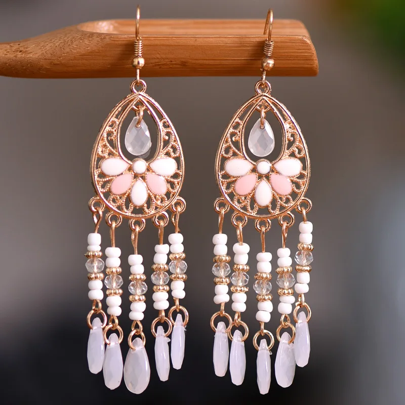 Vintage Ethnic Long Drop Oil Flower Beads Tassel Earrings for Women Boho Gold Color Hollow Acrylic Water Drop Dangle Earrings