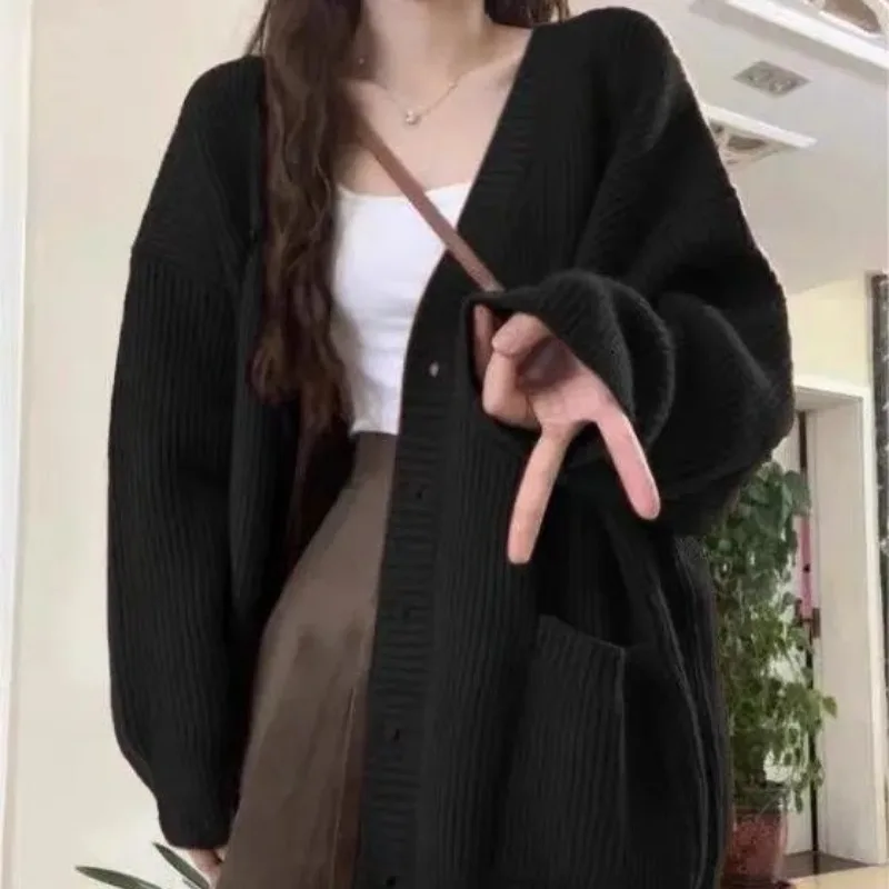 Simplicity Solid Color Knitting Cardigan Coat Women Autumn Winter V-neck Long Sleeve Sweater Sweet All-match Trend Knitwear Tops