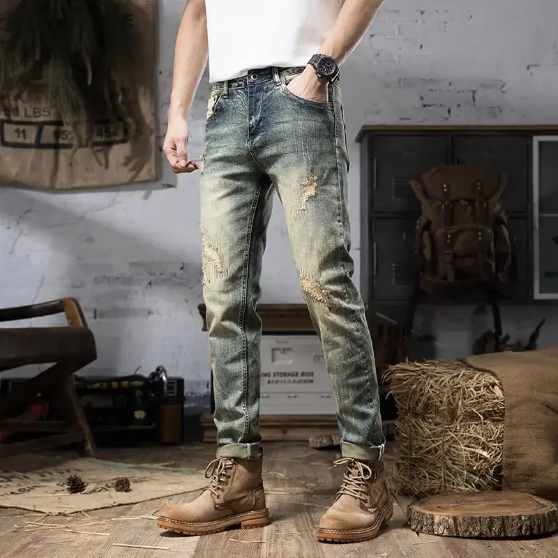 Slim Fit New Rock Men's Jeans Hip Hop Skinny Trousers Male Cowboy Pants Light Blue Tight Pipe 2024 Trend Japanese Street Style