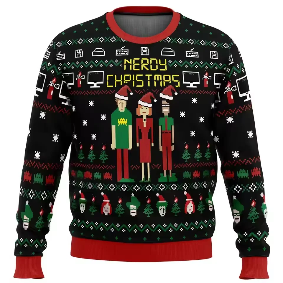 2025 Christmas ugly sweater, geeky retro computer element pixel style character image, round-neck hoodless sweatshirt