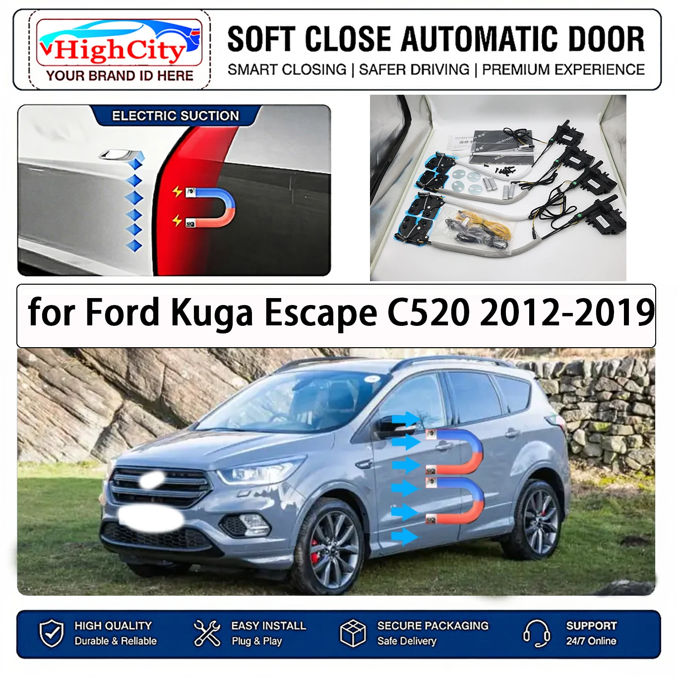 for Ford Kuga Escape C520 2012-2019 Electric Suction Soft Close Door Kit Smart Anti Pinch Auto Cinch Latch System No Slam Silent