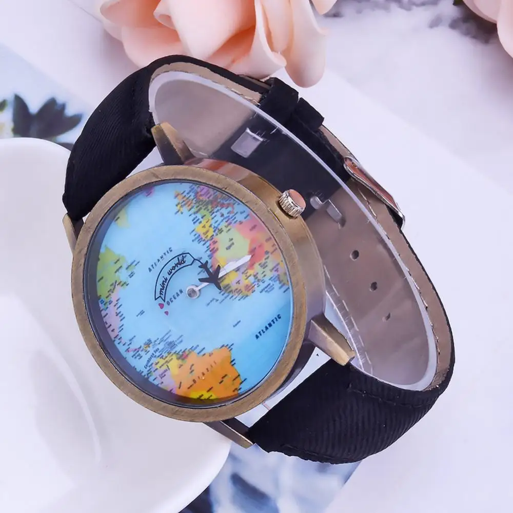 Kreatywny zegarek mapa świata samolot Unisex wskaźnik kwarcowy bez cyfr zegarek na rękę
