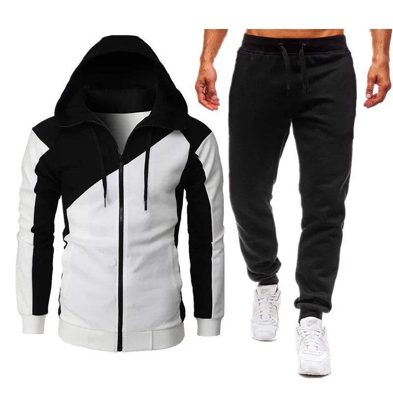 2024 autumn and winter sports two-color spliced jacket long sleeved long pants hooded casual sports men\'s suit