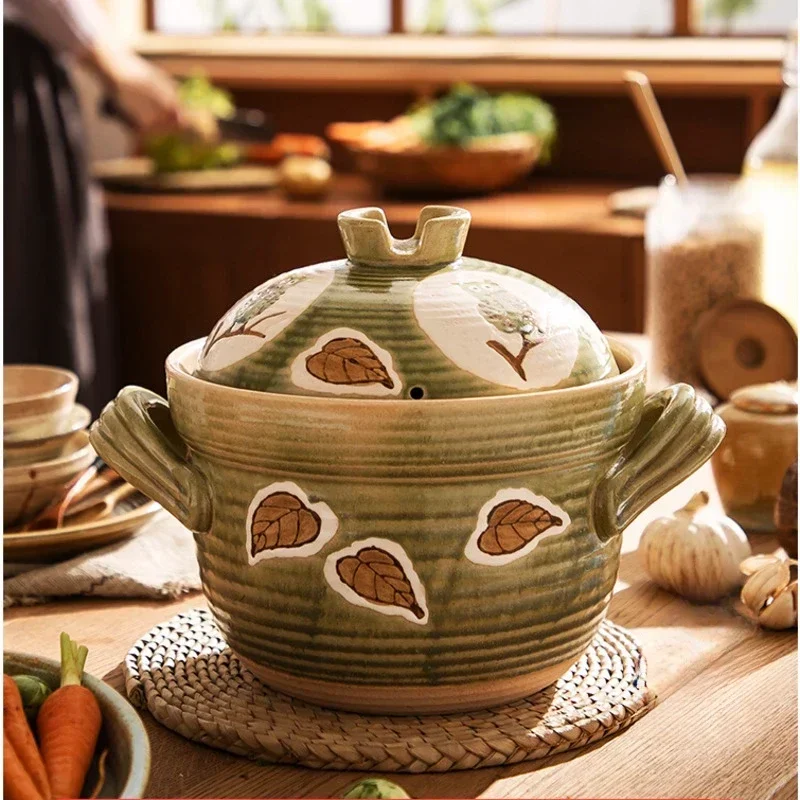 Double Lids Clay Pot Thicken Insulation Cooking Pots Hand Painted Patterns Soup Pot Open Flame Direct Burning Ustenes Of Cuisine