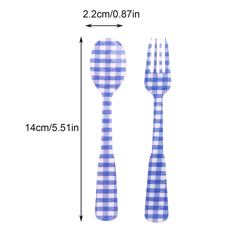 2Pcs/Set French Style Retro Plaid Dessert Spoon Fork Plastic Tea Coffee Mixing Spoon Vintage Drink Tableware Teaspoons