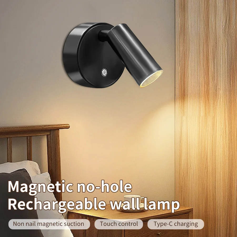 Magnetic LED Wall Lamp USB Recharge Adjustable Directional Spotlight Touch Control 3 Color Wireless Spotlight for Stairs Hallway