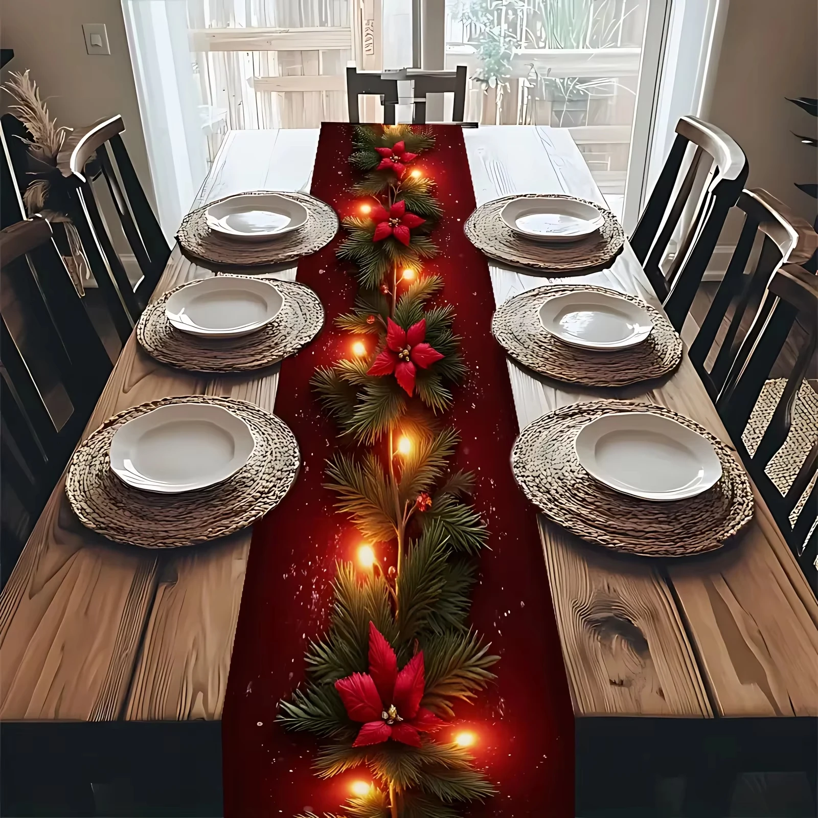 1 Stück Weihnachts-Tischläufer aus Kiefernholz mit Blumenmuster, roter Hintergrund mit Tannenzweigen, Weihnachtsstern für Weihnachtsessen, Urlaub, Party, Heimdekoration