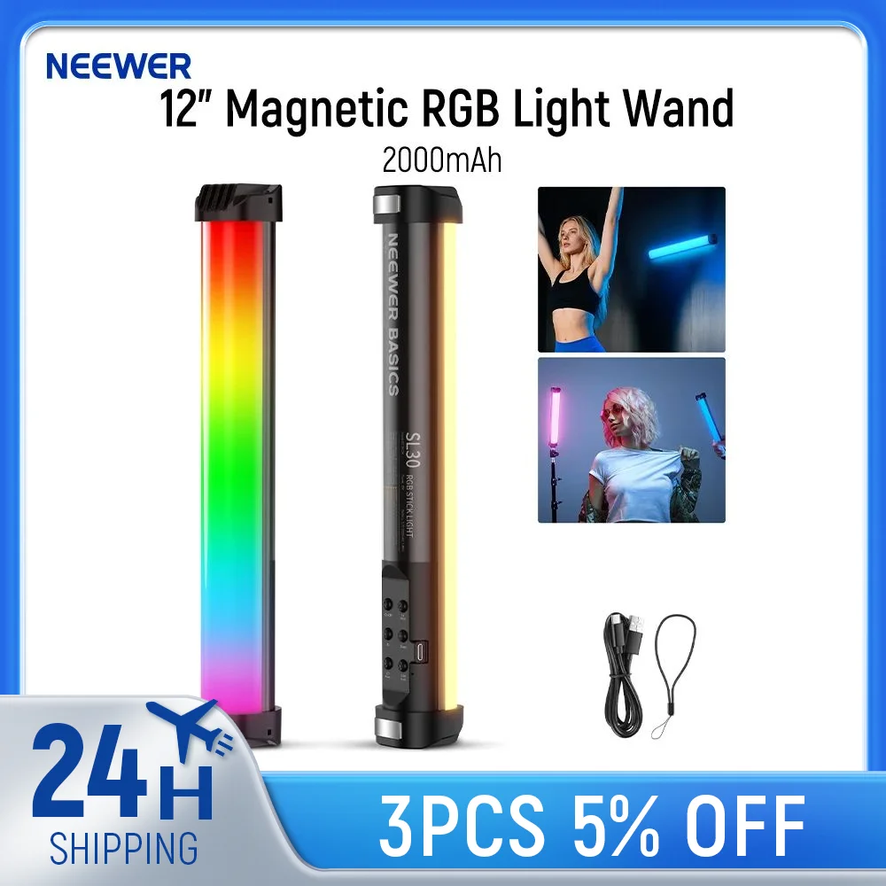 

NEEWER Basics 12" Magnetic RGB Light Wand, 2700K/4000K/6500K CRI95 8W LED Dimmable Handheld Tube Light Stick 2000mAh