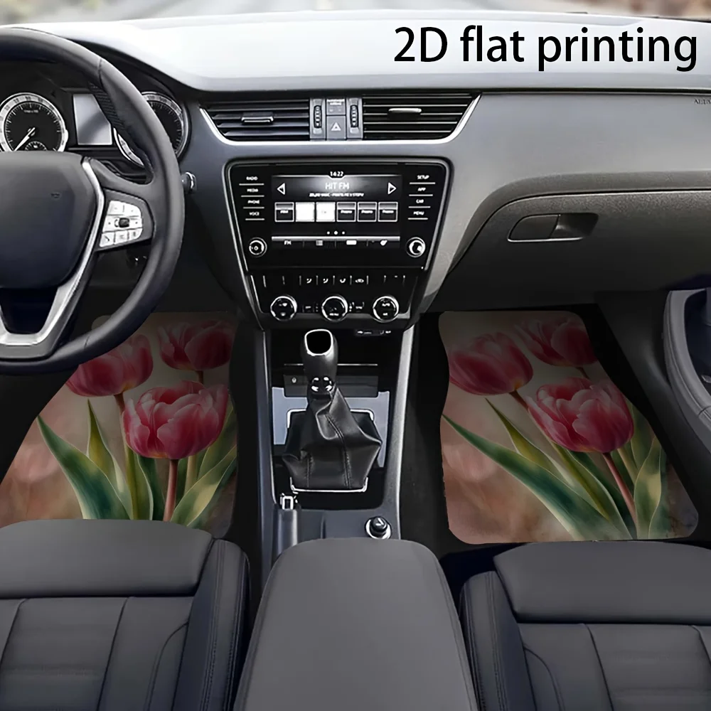 4pcs Car Floor Mats, Pink Tulip Bouquet Design, Made Of Polyester Fiber, Universal Car Mats, Washable, Automotive Interior Addit