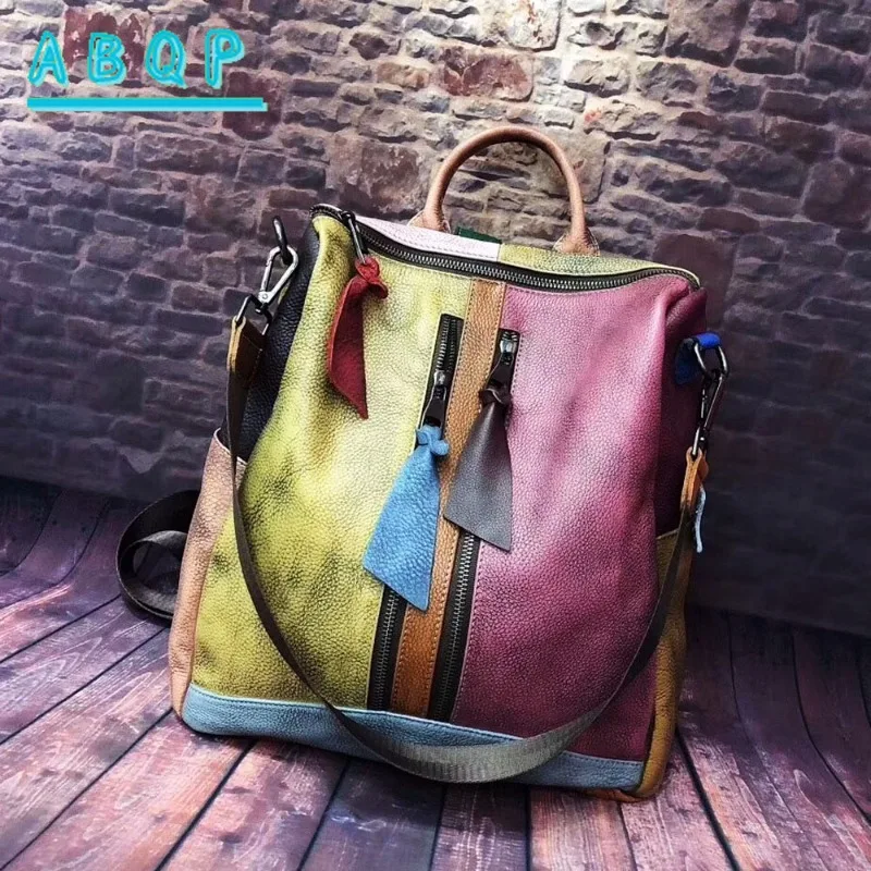 

ABQP New Women's Backpack Luxury Brand Genuine Leather Handmade Color Women's Backpack Large Capacity Travel Leisure Backpack