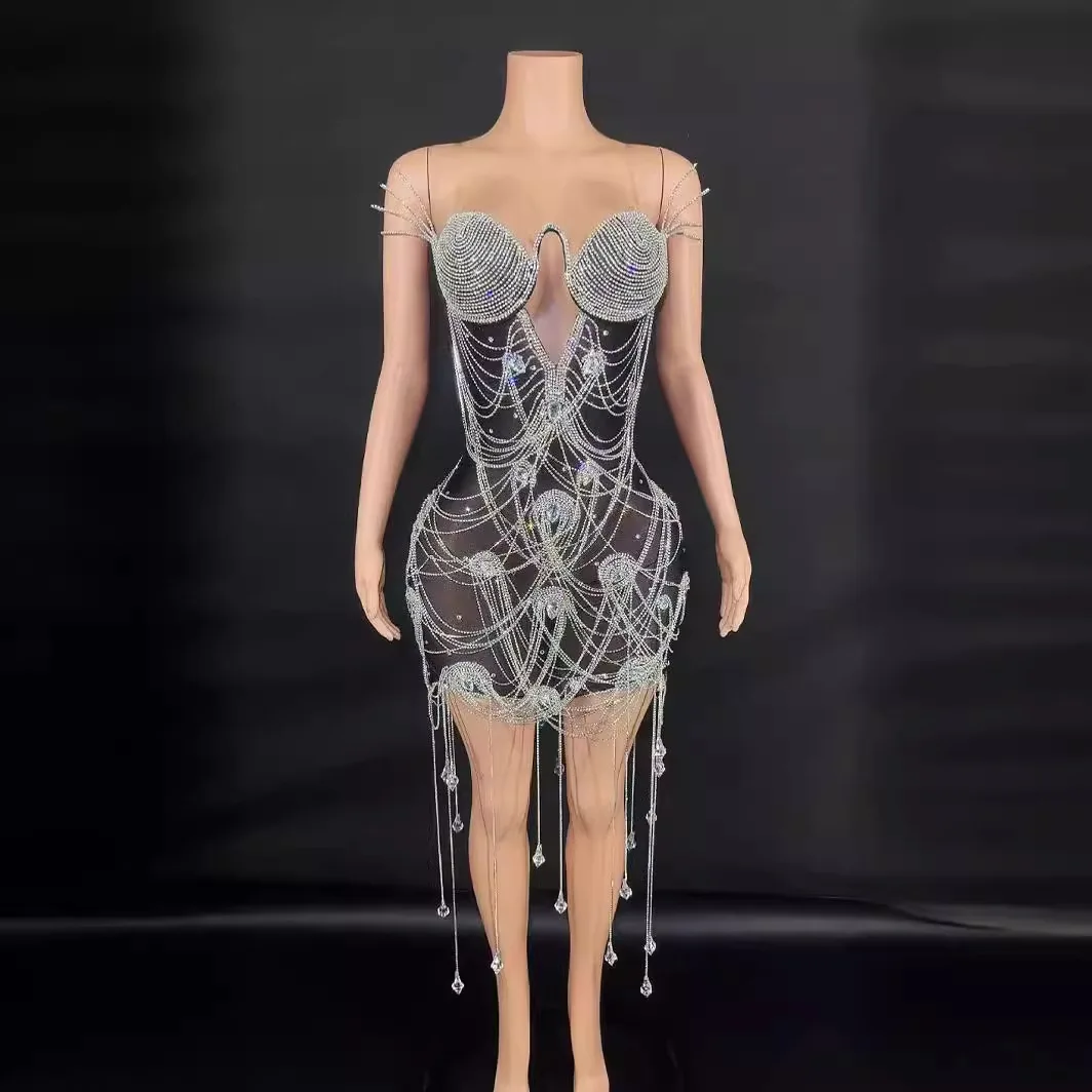 

Birthday Bar Mitzvah Rhinestone Chain Skirt Crystal Pendant Shiny Heavy Industry Stage Performance Dress Women Vallentain Dress