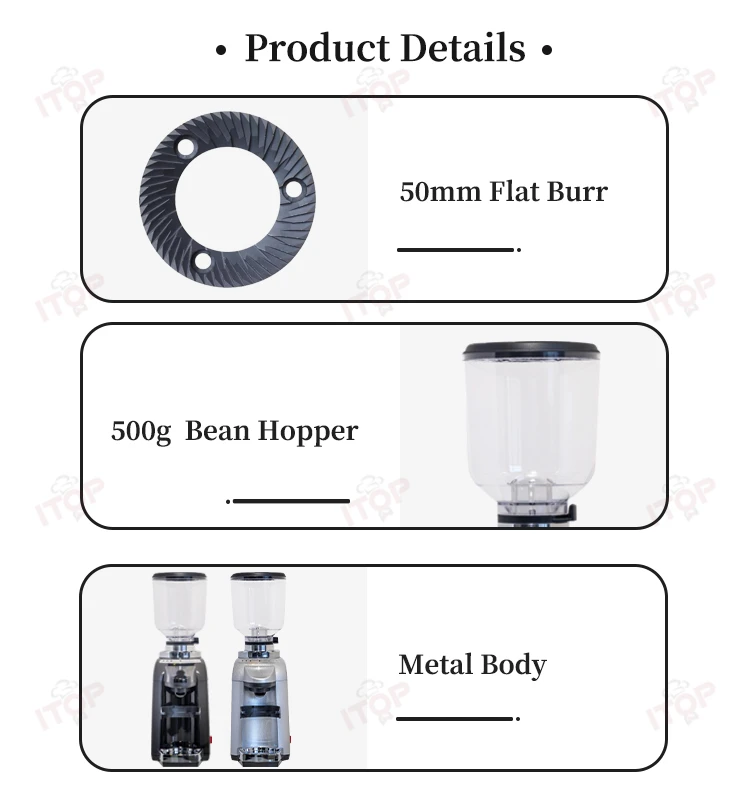 ITOP CG-800AC Кофемолка с плоскими заусенцами, 50 мм, 500 г, бункер для зерен, металлический корпус, 180 Вт, 1400 об/мин, способность шлифования, 3-6 кг/час