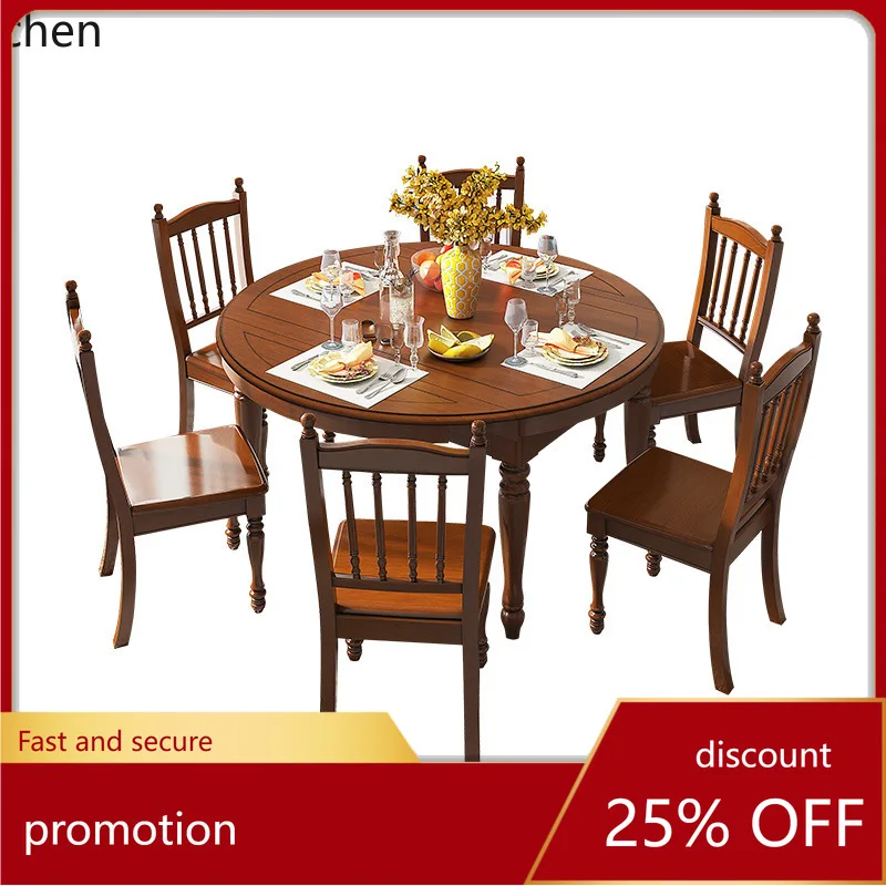 ZML Solid Wood Extendable Round Dining Table and Chair Set Simple Restaurant Dining Table for Small Apartments