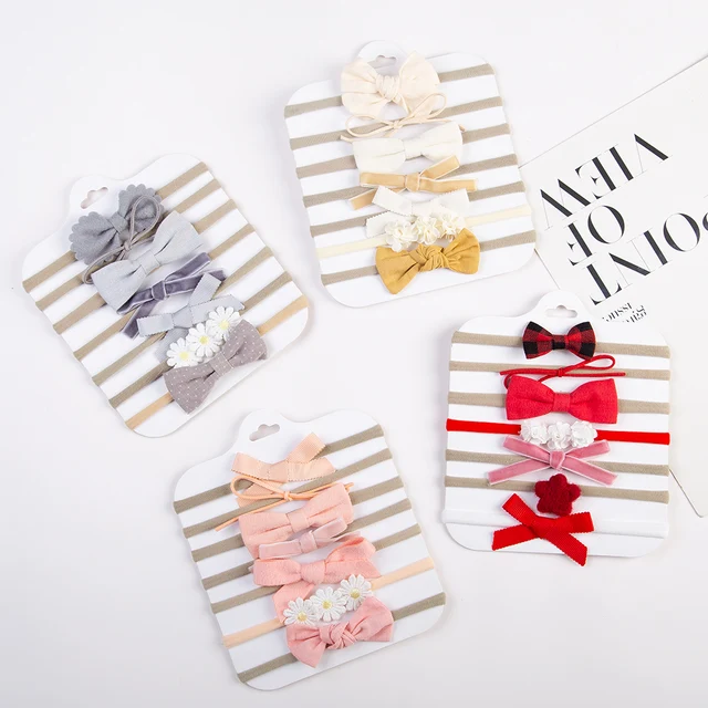 7Pcs/Set Mini Velvet Bow Flower Headbands for Baby Girls Newborn Elatsic Nylon Hairbands Kids Headwrpas Photography Props