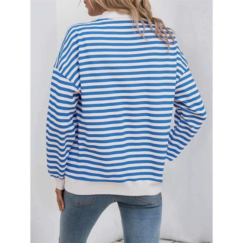 Faion Women's Striped Zipper T-irt Hoodie Streetwear Long Sve  Ne Regular Fit Polyester Autumn Top Ladies