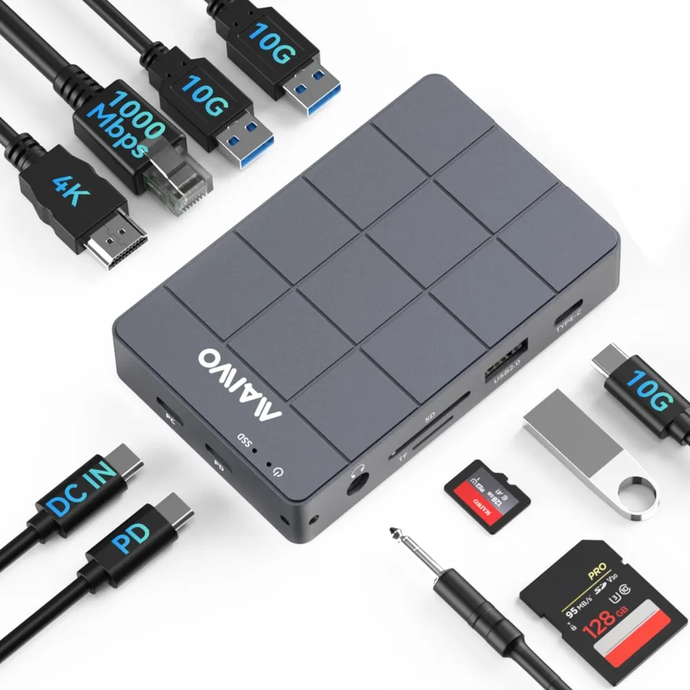 Maiwo 11-in-1ฮับ USB C, พร้อม10Gbps M.2 NVMe SATA SSD Enclosure 4K PD100W HDMI 1000Gbps Ethernet USB 3.1 Dock สำหรับแล็ปท็อป