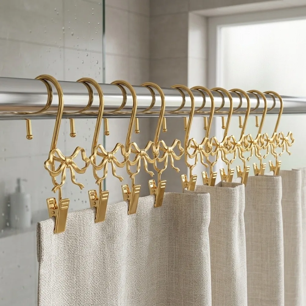 12 Pack Bathroom Shower Curtain Hooks Rustproof Metal with Modern Bowknot Design for Secure and Stylish Curtain Support
