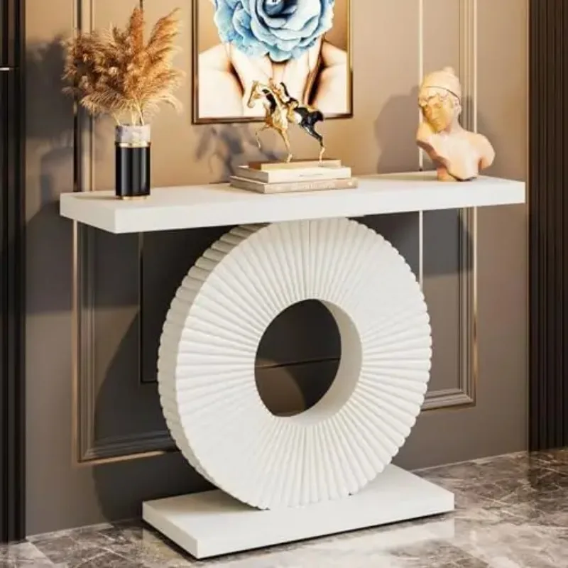 Modern Console Table with Geometric Base, 40 inch Wood Entryway Table Sofa Table Narrow Long, Contemporary Accent
