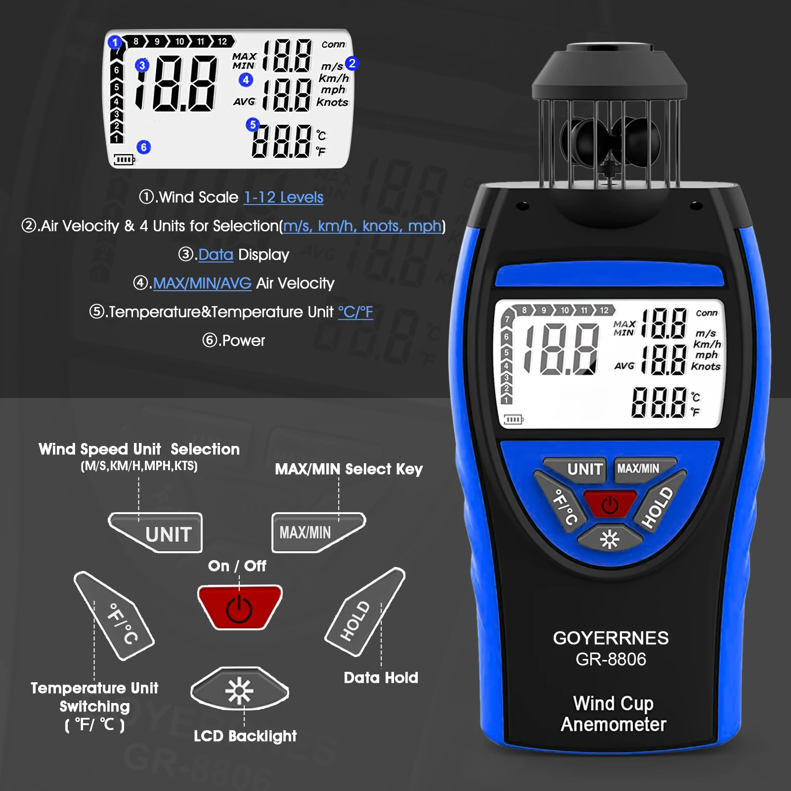 Digital Wind Speed Meter Meter 4 Cups Wind Speed 0.7~42m/s Wind Speed and Temperature (℃/℉) with Compass for Shooting, Fishing
