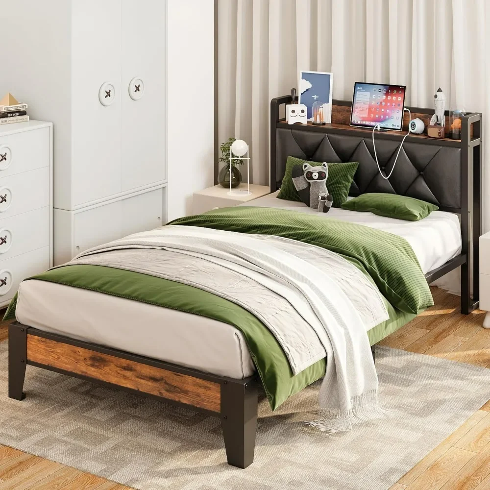 Bed.Twin Bed Frames, Storage Headboard with Outlets, Easy to Install, Sturdy and Stable, No Noise, No Box Springs Needed