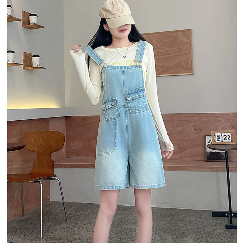 

Summer Denim Overalls Shorts Loose High Waist Wide Leg Playsuits Casual All-matched Female Blue Jean Strap Shorts Streetwear