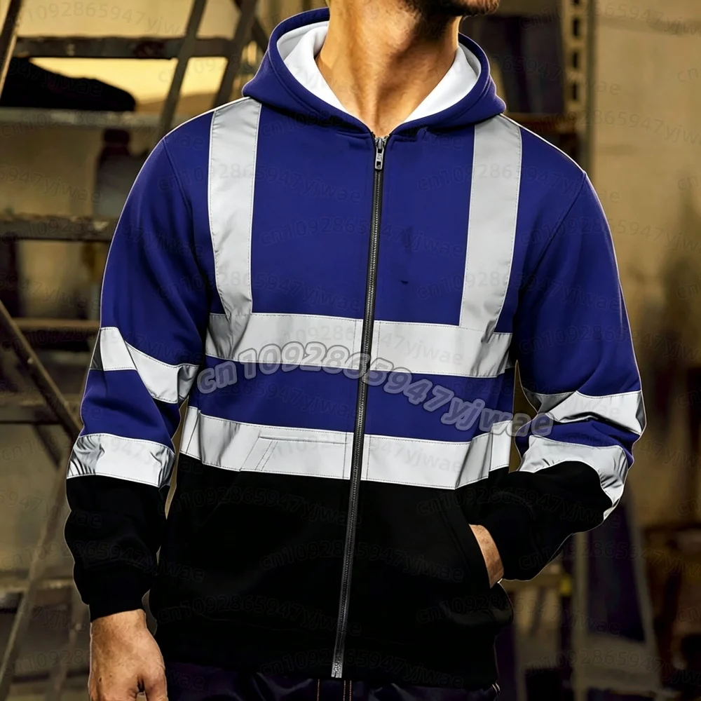 26 Herren-Kapuzenpullover mit reflektierenden Streifen, langärmelig, figurbetont, mit Reißverschluss, Kapuze, für Sanitärarbeiter, Arbeitskleidung, Sweatshirt – Detail 7