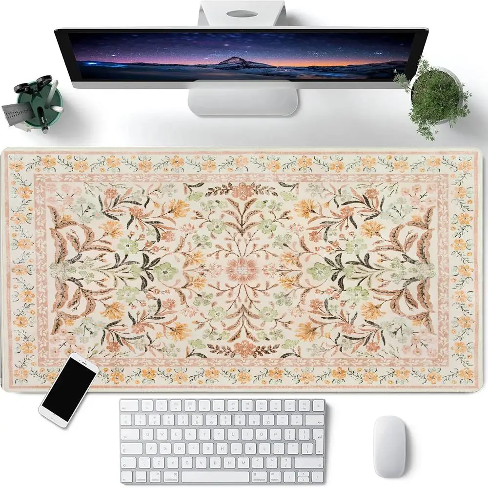 핑크 꽃 페르시아 스타일 디자인 마우스 패드 대형 고무 미끄럼 방지 데스크 액세서리 마우스 패드 사무실 및 게이머 키보드 장식 매트