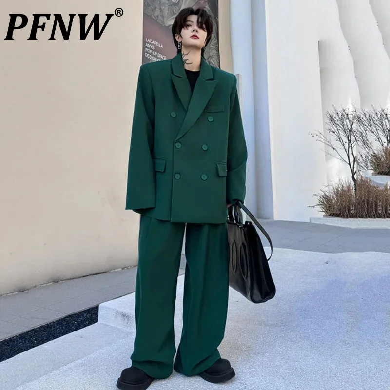 

PFNW Two-piece Male Suit Double Breasted Shoulder Pad Blazer Straight Wide Leg Pants Men's Set 2024 New Fashion Trend 9C5264