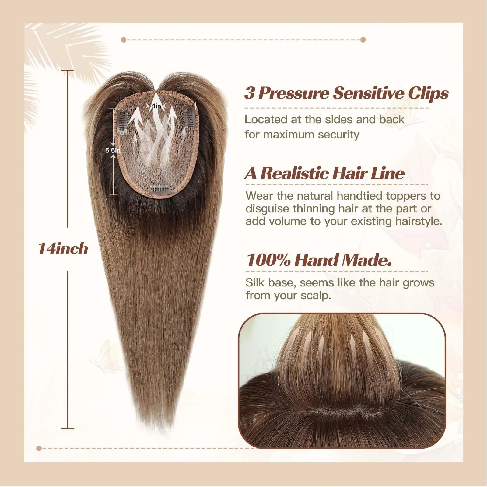 100% Real Human Hair Toppers with Bangs Silk Base 3Clip Pieces Ombre Brown Straight Human Topper Hairs for Women Hair Extension