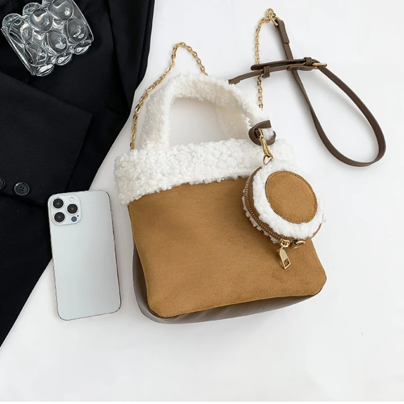 Handbag Bucket Bag Artificial Lamb Down Suede Bag for Women High-grade Sense Stitching Style Shoulder Trendy Crossbody All-match
