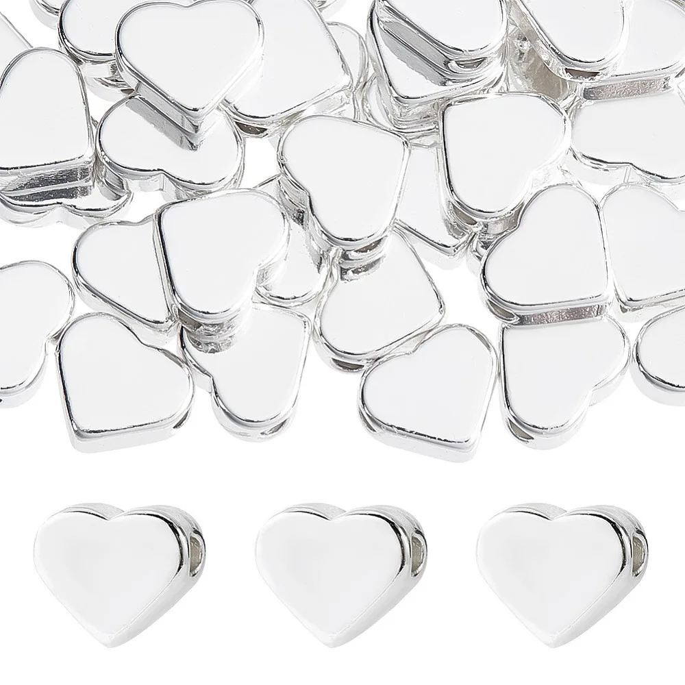 66pcs Heart Beads Silver Love Heart Spacer Beads 6x7mm Metal Heart Charm Long-Lasting Bead for Valentine Mother's Day Necklace