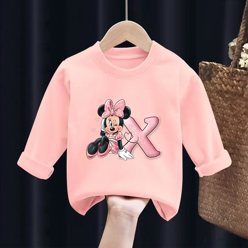 Disney Minnie Long Sleeves Anime Figure Tops Printed A-Z Letters T-shirts Round Neck Shirts Children Print Girls Fashion Clothes