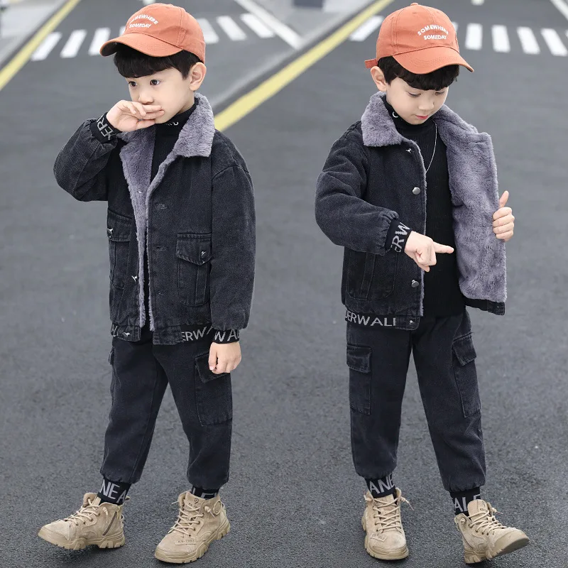 New Autumn Winter Teens Boys Two Piece Sets Denim Jacket Pants Suit for Kids Fashion Plus Velvet Warm Coat Jeans Clothes 4-12Y