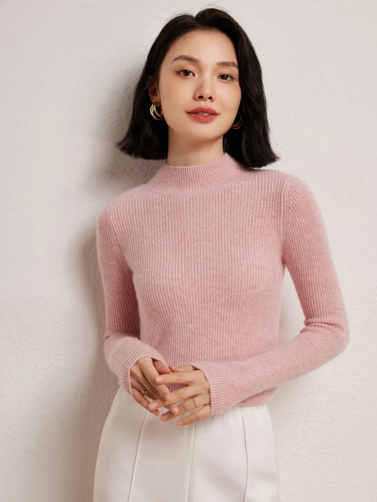 Women\'s 100% Cashmere Sweater Mock Neck Slim Pullover Basic Thick Cashmere Knitwear Autumn Winter Soft Warm Long Sleeve Clothing