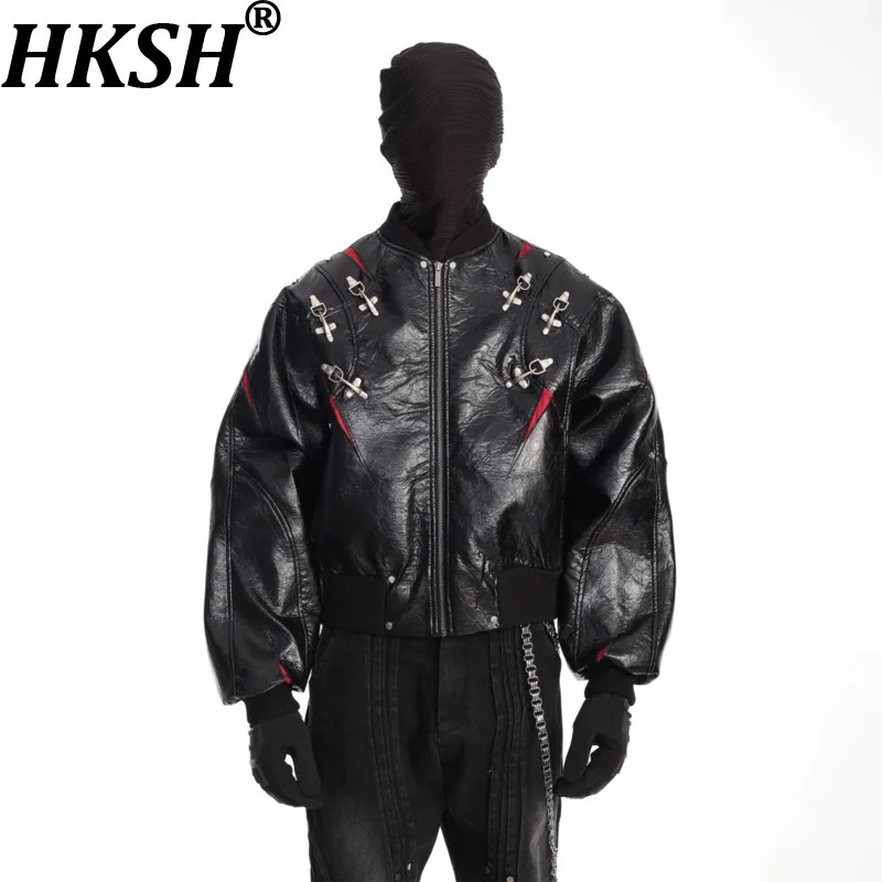 

HKSH Autumn Winter New Men's Dark Style Metal Deconstructed Contrast Color Patchwork Padded PU Leather Jacket Streetwear HK14325
