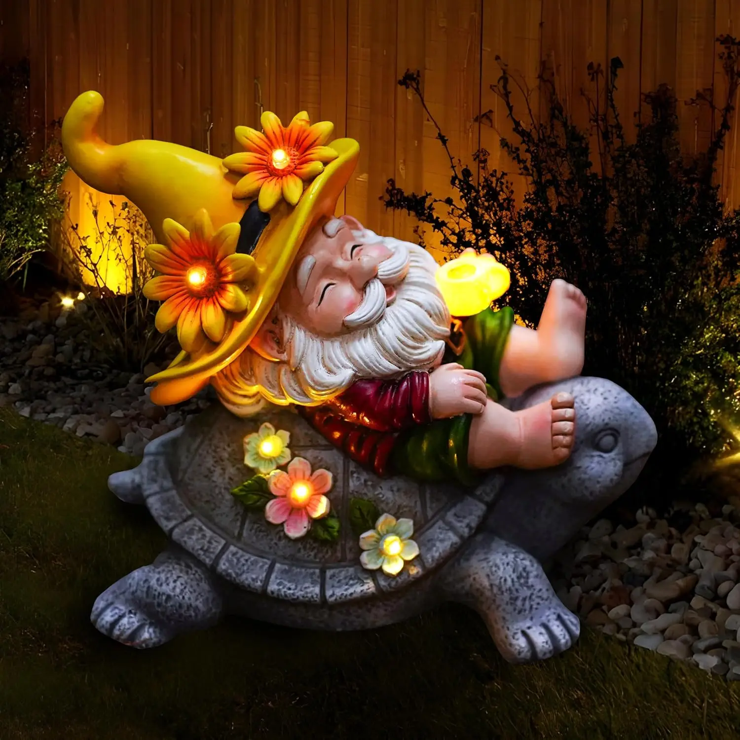 Outdoor Garden Solar Statue Light, Garden Gnome Outdoor Decor Light, Resin Funny Sunflower Gnome Sitting on Turtle with Solar Statue Lights, for Lawn Yard Patio Pathway Home Decor