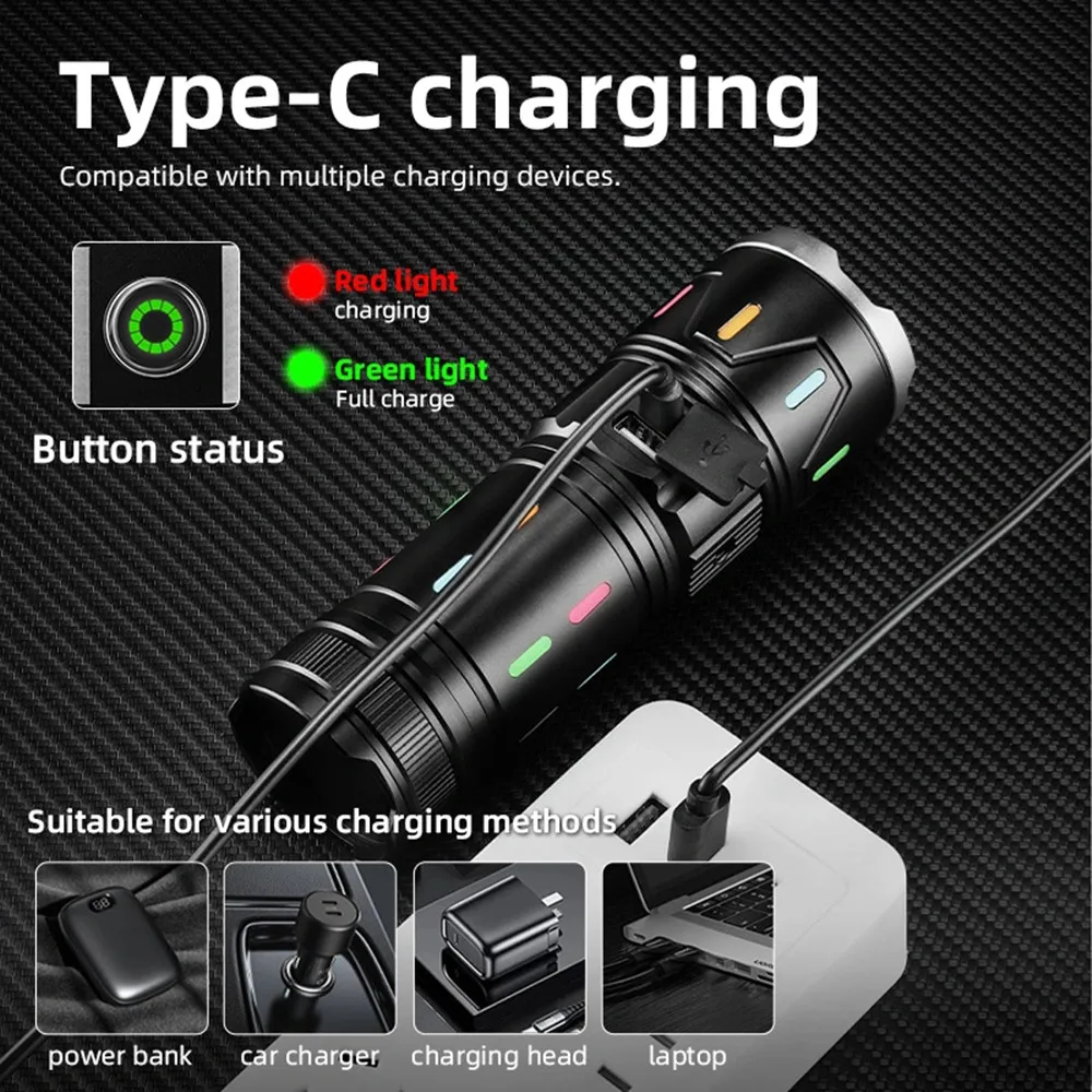 Powerful Spotlight Long Range LED Flashlight Type-C Charging Output Zoom Aluminum Alloy Tactical Torch For Camping