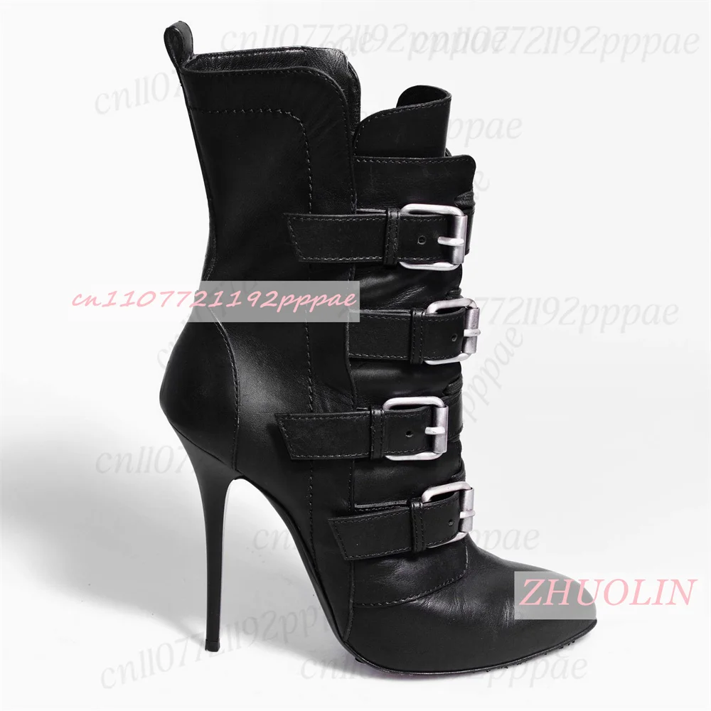 Multi Buckle Ankle Boots for Women Black Stiletto High Heels Round Toe Strap Detail Gothic Punk Short Boots Evening Party Shoes