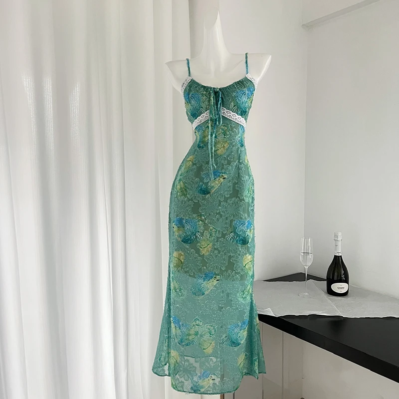 Lace Splicing Dress Green Jacquard Drawstring Tank Dress Women 2024 New Summer Evening Party Slim Elastic Waist Long Maxi Dresse