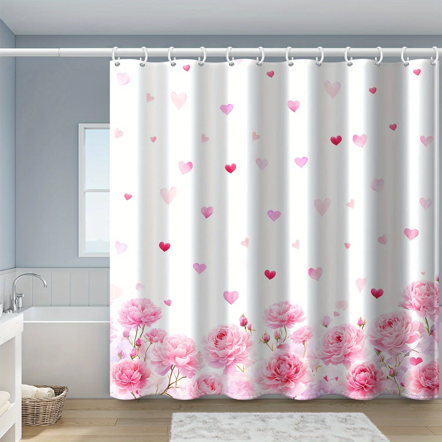 

pink rose and heart shower curtain with soft floral design and romantic pattern for dreamy bathroom Suitable for all seasons
