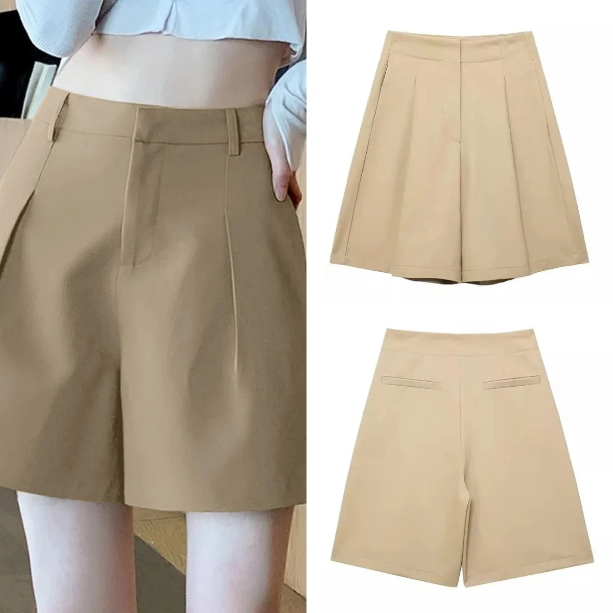 

2024 Summer Holiday Style Wrinkle Shorts Women's Elegant Solid Colour Shorts High Waist Slim Shorts Women's Office Casual