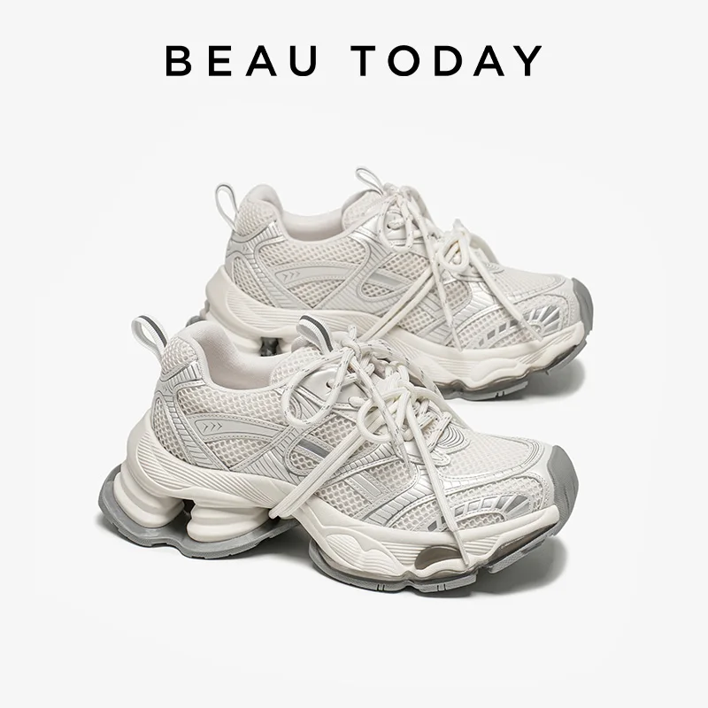 Women's Chunky Sneakers - Lace-Up Mesh and Synthetic Leather Trainers