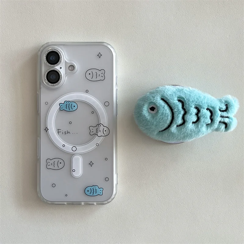 Clear Cute Fish Magnetic Phone Case For iPhone 17 Pro 16 15 14 Pro Max Cover with Stand Cases For Magsafe Shockproof Cartoon Cas