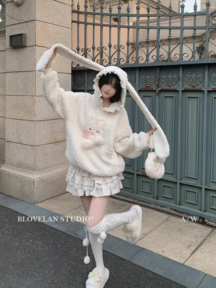 Long Ears Loose Lamb Wool Hoodies Embroidery Rabbit Aesthetic Grunge Sweatshirts Women Tops Cute Drawstring Pullover