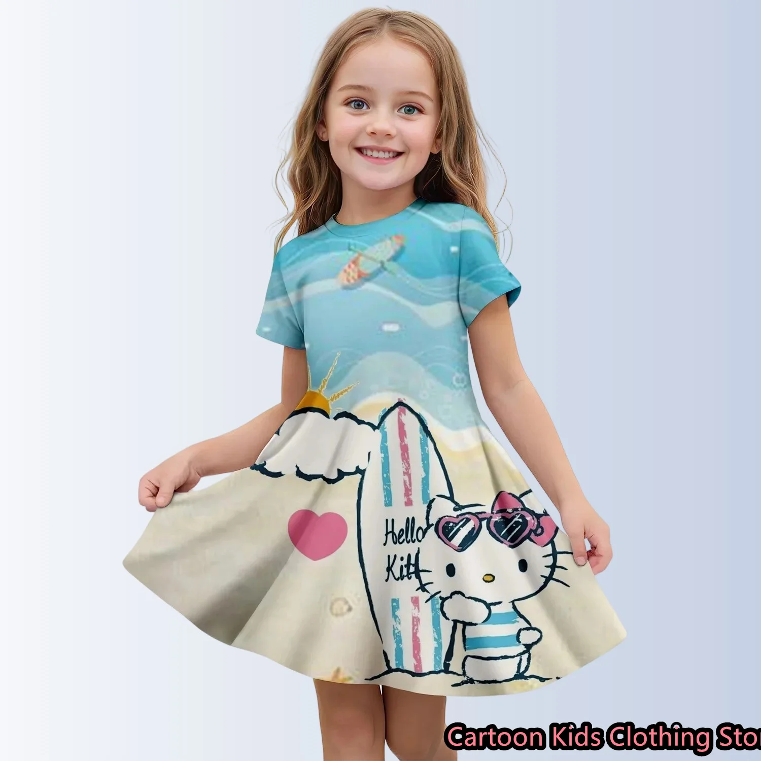 

3D Printed Sanrio Hello Kitty Fashion Cartoon Pattern Cute Short Sleeved Dress Cosplay Youth Girl Clothes Kuromi Clothes Sweet