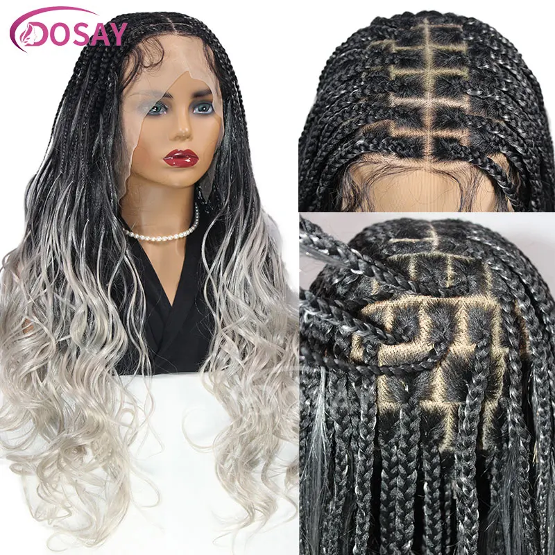 Peluca trenzada de caja sintética de colores, extremos ondulados, encaje completo, cabello Afro trenzado, peluca trenzada Jumbo sin nudos, trenzas de caja de aciano, Mujeres