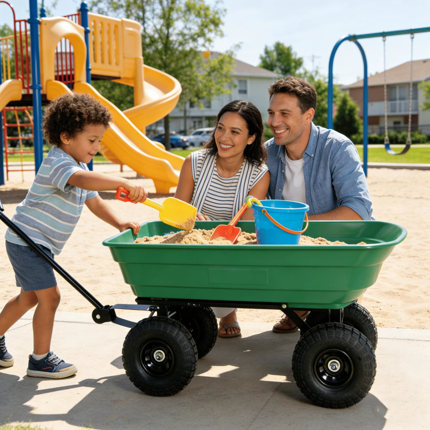Folding car Poly Garden dump truck with steel frame, 10 inches. Pneumatic tire, 300 pound capacity, 75 liter body