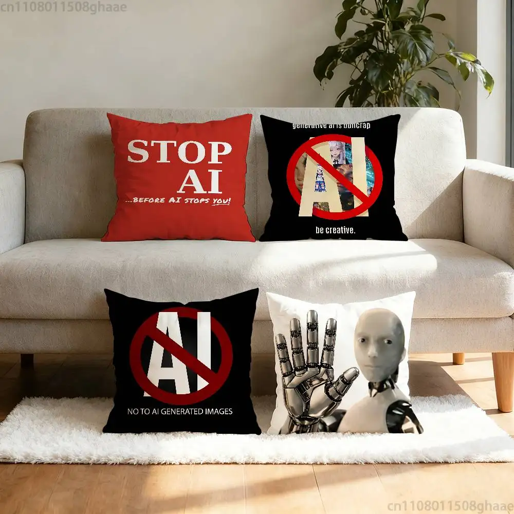 STOP AI Against AI  Pillow Case Square Double-Sided Printing Short Plush Sofa Cushion Cover Bedroom Bedside Pillow