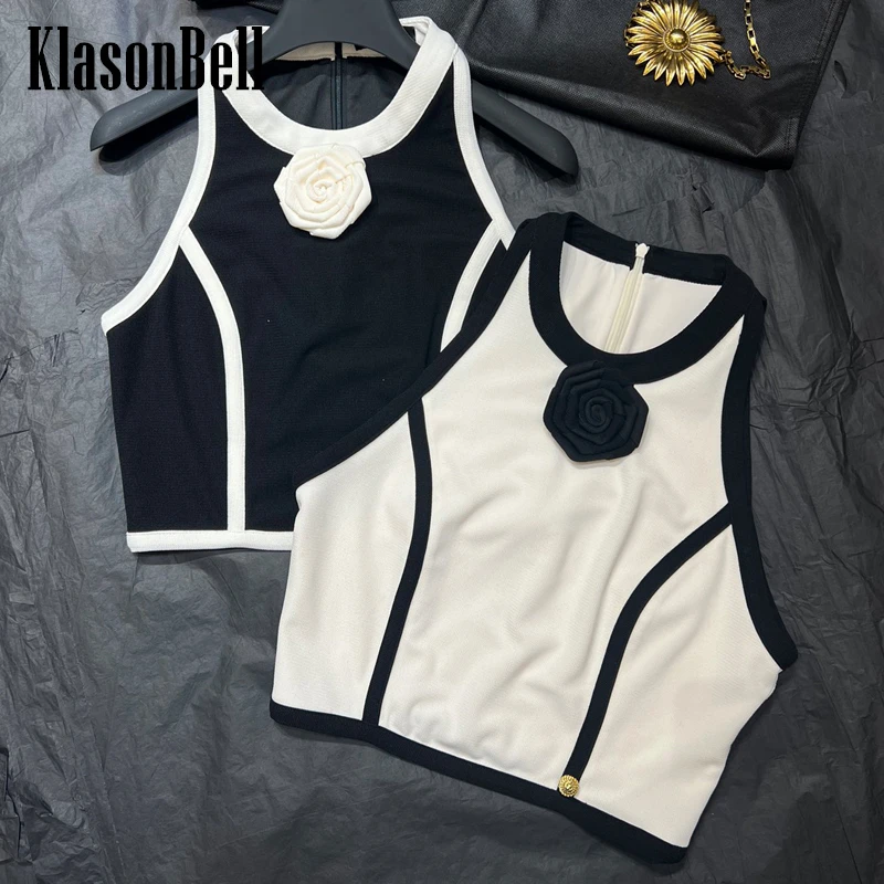 

5.5 KlasonBell Luxury Contrast Color 3D Flower Decoration Short Tank Top Summer New Stretch Knit Sexy Halter Camis Women