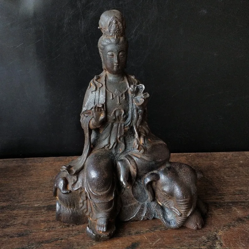 Antique Samantabhadra Buddha's Statue Iron Lion Auspicious Beast Buddhist Meditation Ornament Home Offering Prostrations
